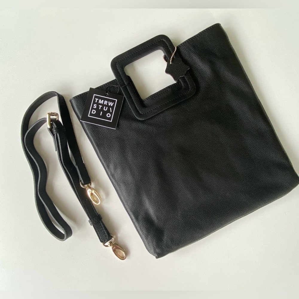 TMRW Studio Milo Black Leather Fold Over Clutch Crossbody Handbag - Picture 13 of 13